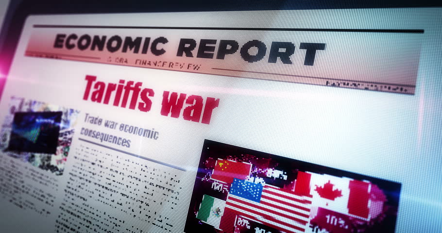 Tariffs war trade crisis daily newspaper reading on mobile tablet computer screen. Touch screen with headlines news abstract concept 3d.