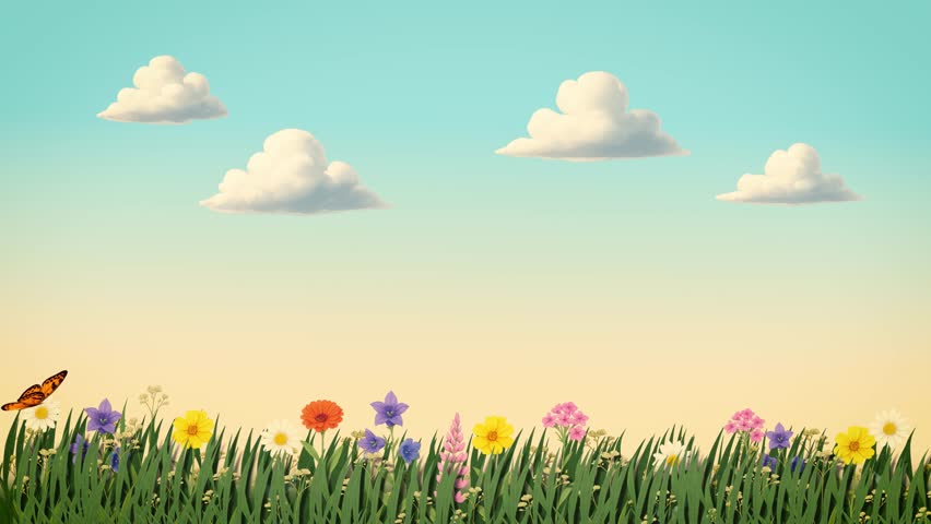 Vibrant animated landscape with a bright rainbow, sunny sky, and cheerful flowers. Perfect for children's content, positive themes, or magical storytelling.