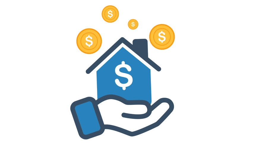 Blue house wdollar sign on hand floating dollar coins above on white backdrop looping animation