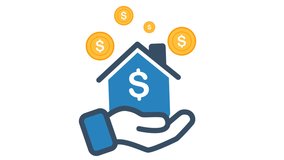 Blue house wdollar sign on hand floating dollar coins above on white backdrop looping animation - Powered by Shutterstock - Get 15% off with code: PIKWIZARD15