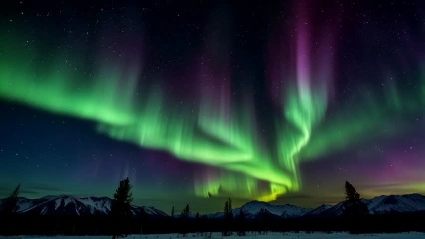 a stunning view of the Aurora Borealis, or Northern Lights, lighting up the night sky over a snowy, mountainous landscape.