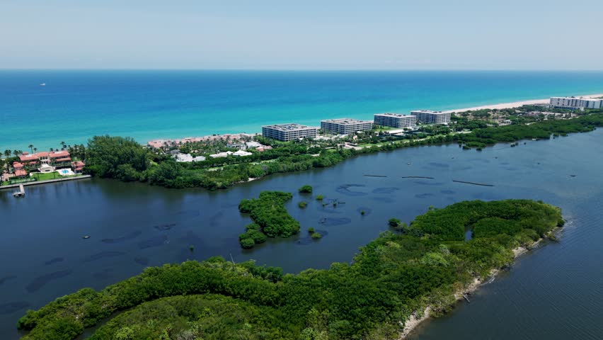 Aerial of Downtown Flagler Beach coastline and city layout near West Palm Beach