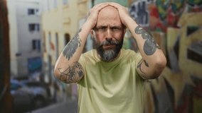 Man with tattoos and beard looking distressed outdoors in an urban street with colorful graffiti on walls behind him. - Powered by Shutterstock - Get 15% off with code: PIKWIZARD15
