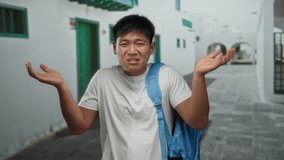 Young man with backpack shrugs in a city street, wearing white shirt, conveying confusion and uncertainty outdoors during the day. - Powered by Shutterstock - Get 15% off with code: PIKWIZARD15