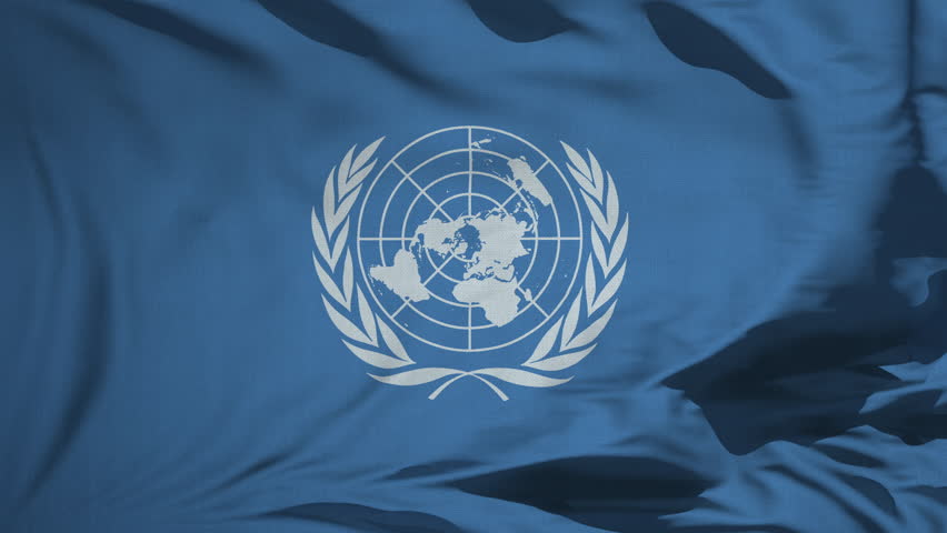 First representation of a UN flag waving in slow motion. Realistic close-up 3D animation