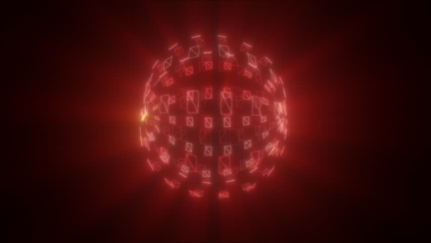 Abstract red glowing sphere composed of floating polygonal shapes, radiating light from the center