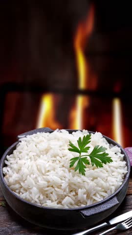 Cooked white rice, iron pot