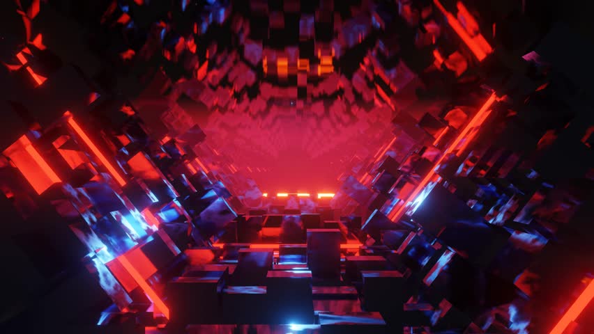 An Abstract Illustration background of a multicolor infinite tube-shaped tunnel with neon lights