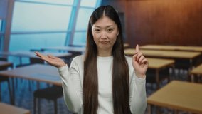 Asian woman gesturing stop with open palm in a classroom setting, expressing negation or disagreement indoors, highlighting her serious expression against a backdrop of empty desks. - Powered by Shutterstock - Get 15% off with code: PIKWIZARD15