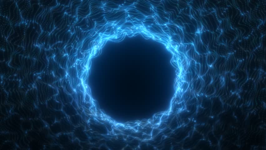 Dark blue glowing energy ring formed by swarming particles, creating a digital portal effect in a deep space environment