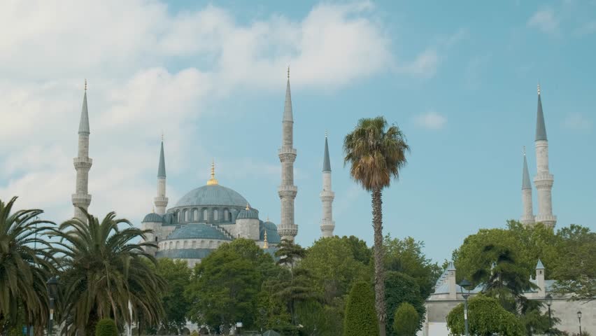 Blue Mosque or Sultan Ahmed among green gardens in Istanbul, Turkey. Popular religious muslim tourist landmark, Turkiye