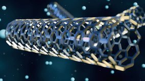 A 3d animation of floating open single layer carbon nanotubes and scattered molecules or particles. - Powered by Shutterstock - Get 15% off with code: PIKWIZARD15