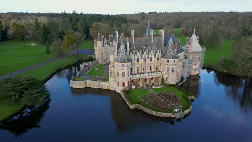 Chateau de la Bretesche, stunning castle on a small island on a river, France 4k
