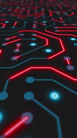 Vertical video animation of a printed circuit board in blue and red on a dark background. Digital server code processing or AI artificial intelligence deep machine learning concept - seamless loop.