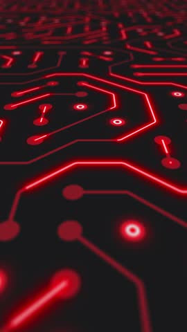 Vertical video animation of a printed circuit board in red on a dark background. Digital server code processing or AI artificial intelligence deep machine learning concept - seamless loop.