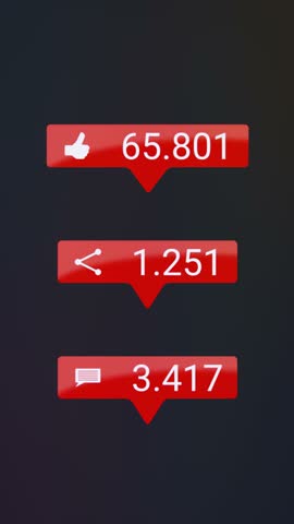 Vertical video animation of Like, Share and Comments button in red with increasing count of numbers on dark background - social media reaction buttons.