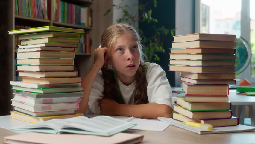 Lazy naughty tired bored Caucasian exhausted little girl school kid child schoolgirl learner pupil student sit desk inside library overworked homework stack books exhaustion boredom education burnout