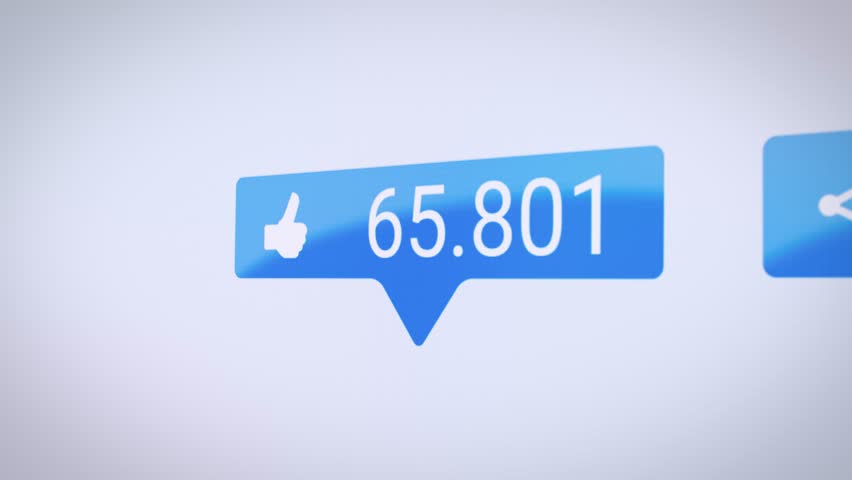Video animation of Like, Share and Comments button in blue with increasing count of numbers on white background - social media reaction buttons.