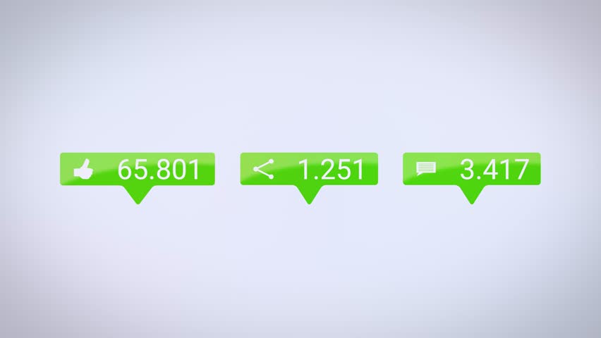 Video animation of Like, Share and Comments button in green with increasing count of numbers on white background - social media reaction buttons.