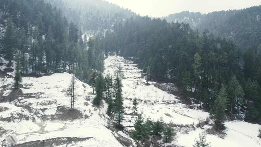 Aerial perspective of the snowy mountain ranges of Bhaderwah in Jammu and Kashmir, India.