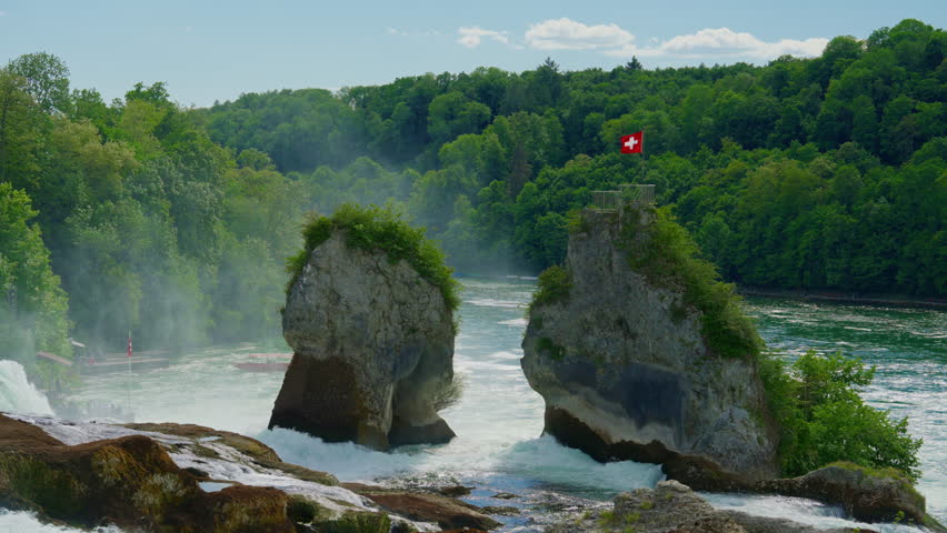 Switzerland Rhine Falls waterfall. Largest natural river waterfall Europe