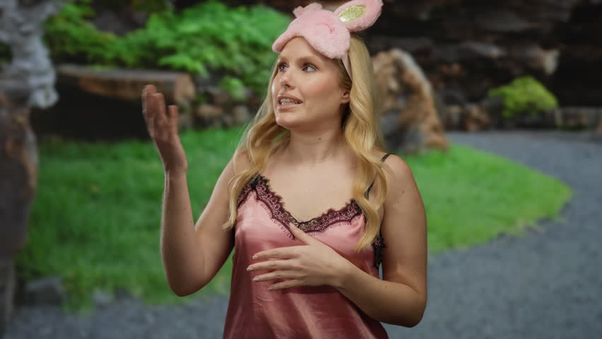 Woman wearing nightwear with pink ears talking in a park surrounded by lush green trees, conveying a playful expression with blonde hair.