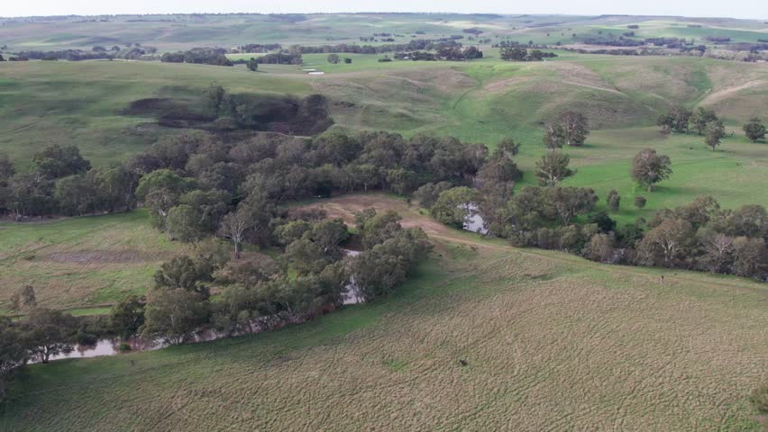 Aerial view of the junction of the Glenelg and Wannon Rivers and surrounding landscape, south of Casterton, western Victoria, Australia. June 2023.