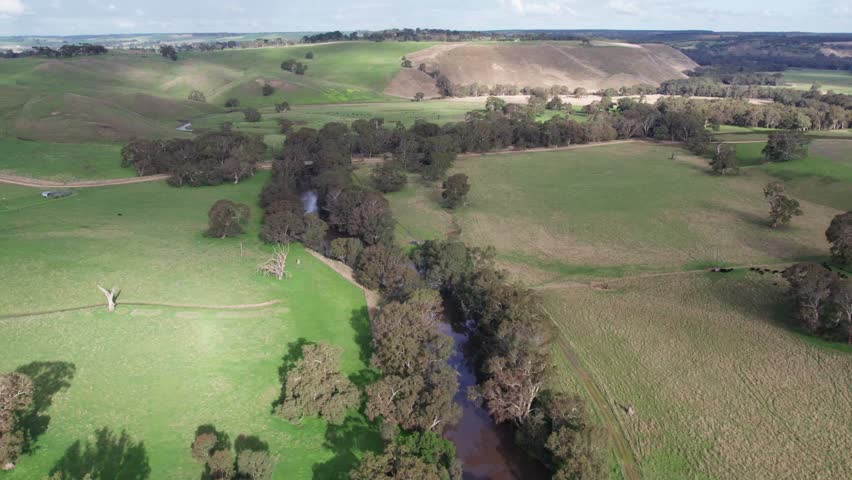 Aerial view over the Glenelg River, south of Casterton, western Victoria, Australia. June 2023.