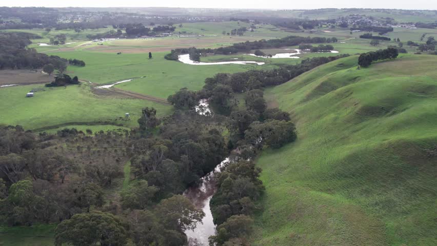 Aerial view of the Wannon Rivers and surrounding landscape, south of Casterton, western Victoria, Australia. June 2023.
