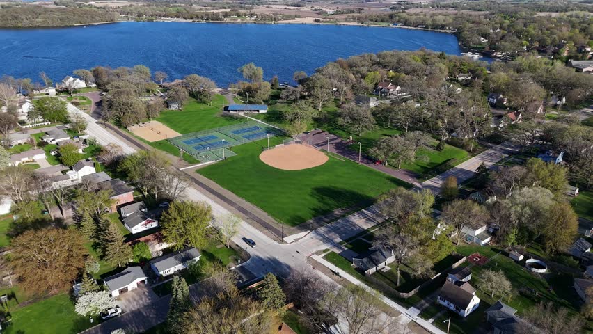 Baseball Field next to Lake, Volley Ball Court, Basketball Court, Drone View, Clear Lake Park in Waseca Minnesota, Summer, Kids playing basketball,