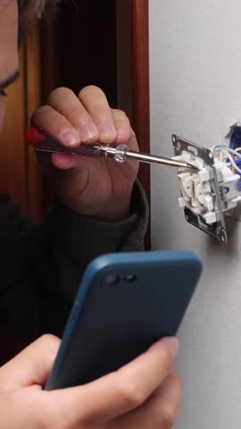 vertical video close-up man looks at instructions on his phone online on how to fix switch