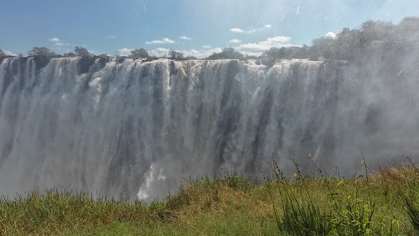 A scenic view of Victoria Falls with foamy stream on a sunny day with clear sky, with grasses in the foreground in Zimbabwe