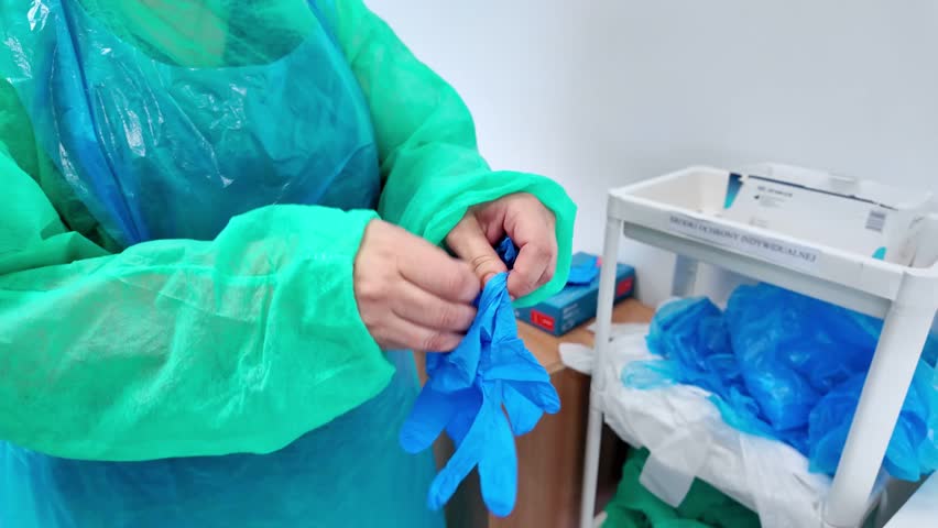 A medical professional's hands don blue gloves for sterile readiness, highlighting safety protocols, next to a cart labeled 'SRODKI OCHRONY INDYWIDUALNEJ' (Polish)