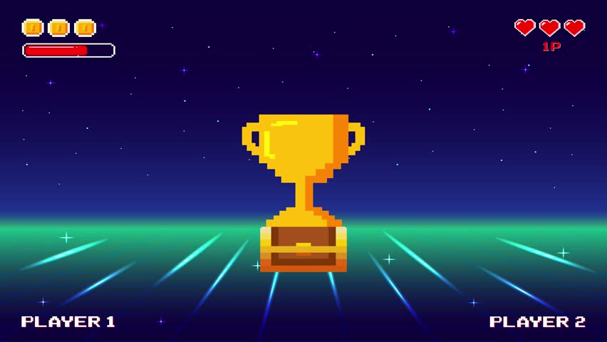 "You Win" text with gold trophy on treasure chest. on dark blue background. retro game. for game assets.