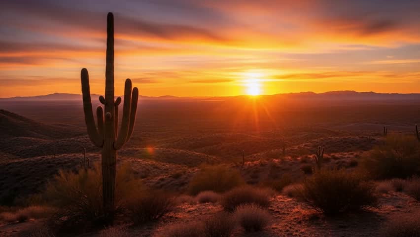 Warm sunset casting golden light over desert with cactus silhouettes, perfect for nature or western themes.