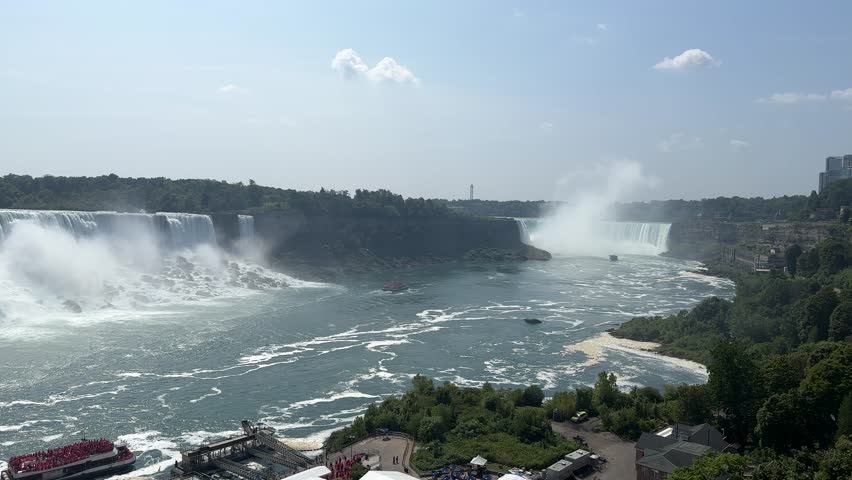 Niagara Falls is a group of three waterfalls at the southern end of Niagara Gorge, spanning the border between the province of Ontario in Canada and the state of New York in the United States