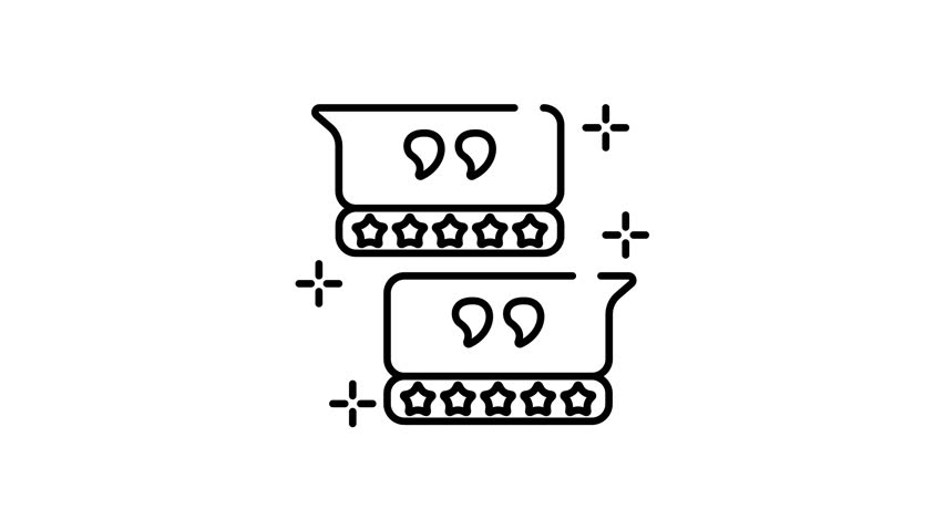line art animation of Two  speech bubbles with  quotation marks and five stars, suitable for customer reviews, testimonials, feedback, and rating concepts.