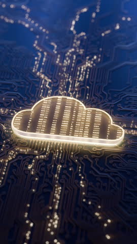 Cloud computing technology 3D background. Cloud storage icon on circuit board. Sync media with digital service concept. Cloud mining or GPU render network. Backup and privacy data management