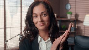 Caucasian woman clapping hands cheering win achievement success victory celebrating leader boss work female girl businesswoman office applause congratulating motivate inside business manager employer - Powered by Shutterstock - Get 15% off with code: PIKWIZARD15