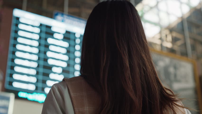 Woman with loose hair checks transport arrival time at info board in airport hall backside view. Female passenger looks at glowing digital display in public lobby. Travel abroad