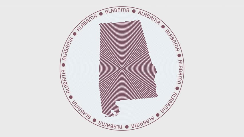 Alabama shape with dynamic circles visual effect. Animation of Alabama logo appearing from rotating rings and State name around the shape. Intro, opening, closing, logo video.