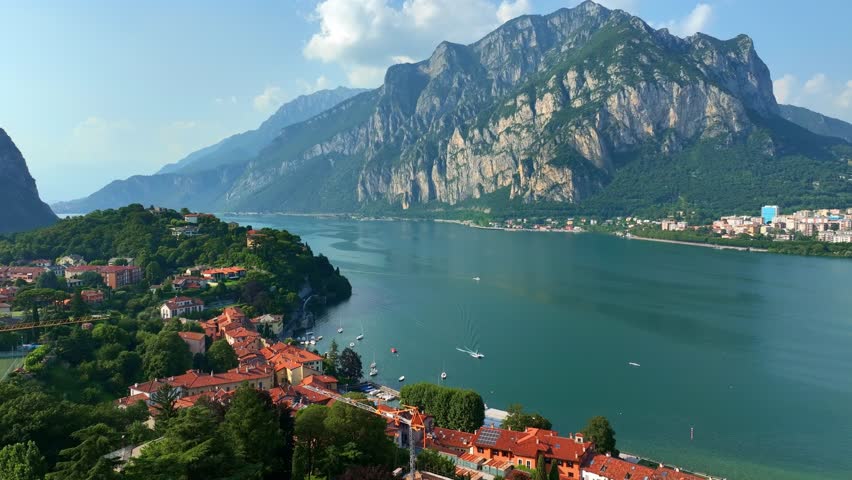 Aerial Italian town of Lecco, resort on lake Como. Beautiful lakeside of Lecco town in Italian Alps. Vacation destination in Italy