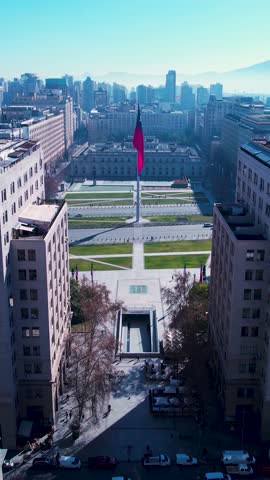 Aerial landscape of Santiago Chile near Andes Mountains. Touristic landmark. City life scenery Santiago Chile. Travel destinations. Vacations travel. Cityscape of Santiago Chile.