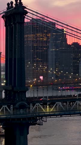 Manhattan Bridge At Manhattan In New York United States. Illuminated Downtown. Sunset City Landscape. Manhattan Bridge At New York United States. Brooklyn Bridge.