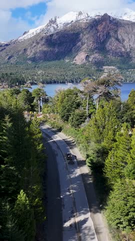 Patagonia Road At San Carlos De Bariloche In Rio Negro Argentina. Snowy Mountains. Lake Scenery. Winter Travel. Patagonia Road At San Carlos De Bariloche In Rio Negro Argentina.