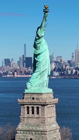 Liberty Statue At Manhattan In New York United States. Hudson River. Port Of New York Scene. Liberty Statue At New York United States. Boat Sailing Background.