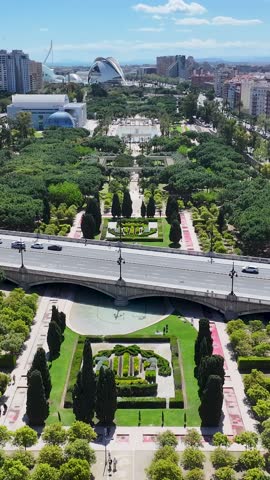 Turia Gardens At Valencia In Valence Community Spain. Leisure Park Scenery. Downtown Cityscape. Valencia At Valence Community Spain. Cultural Heritage Skyline. Urban Scene.