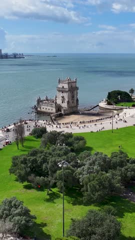 Belem Tower At Lisbon In District Of Lisbon Portugal. Iconic Castle. Tourism Landmark. Belem Tower At Lisbon In Portugal. Medieval Fortress. Tejo River Landscape. Lisbon Skyline.