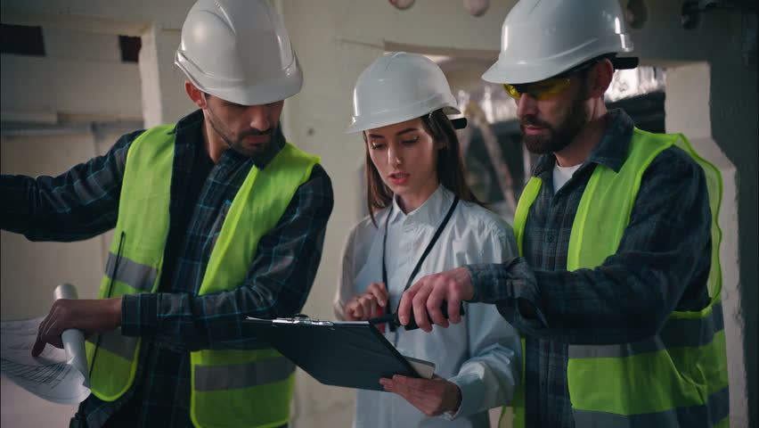 Caucasian builders woman men discussing building in construction contractors colleagues working negotiation cooperation blueprint site inspectors architects talk radio set build manufacturing industry - Powered by Shutterstock - Get 15% off with code: PIKWIZARD15