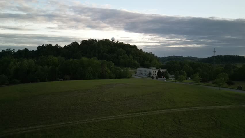 Aerial of weather tower and buildings in Ruth West Virginia south of Charleston